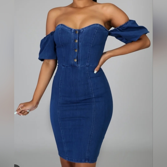 Haute Mode Elegant Off-Shoulder Denim Women's‎ Dress - Picture 1 of 5
